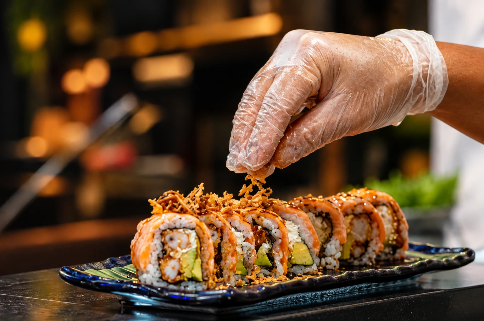 Chef garnishing a salmon sushi roll