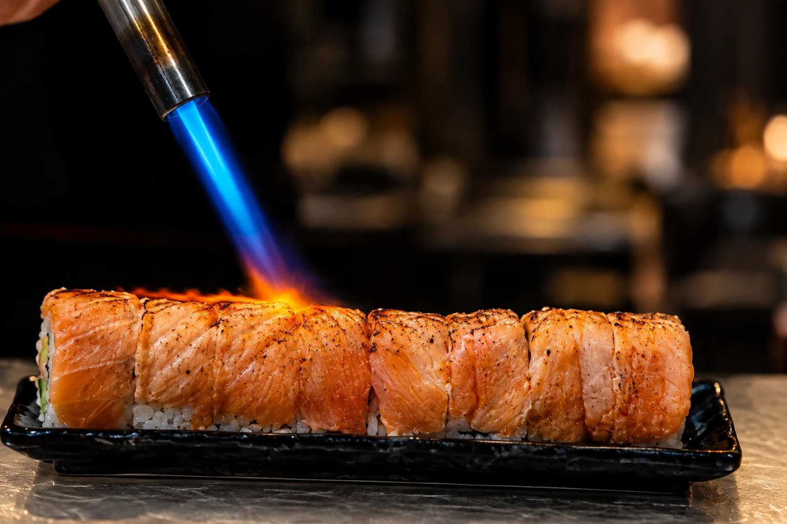 Torch-seared salmon sushi roll