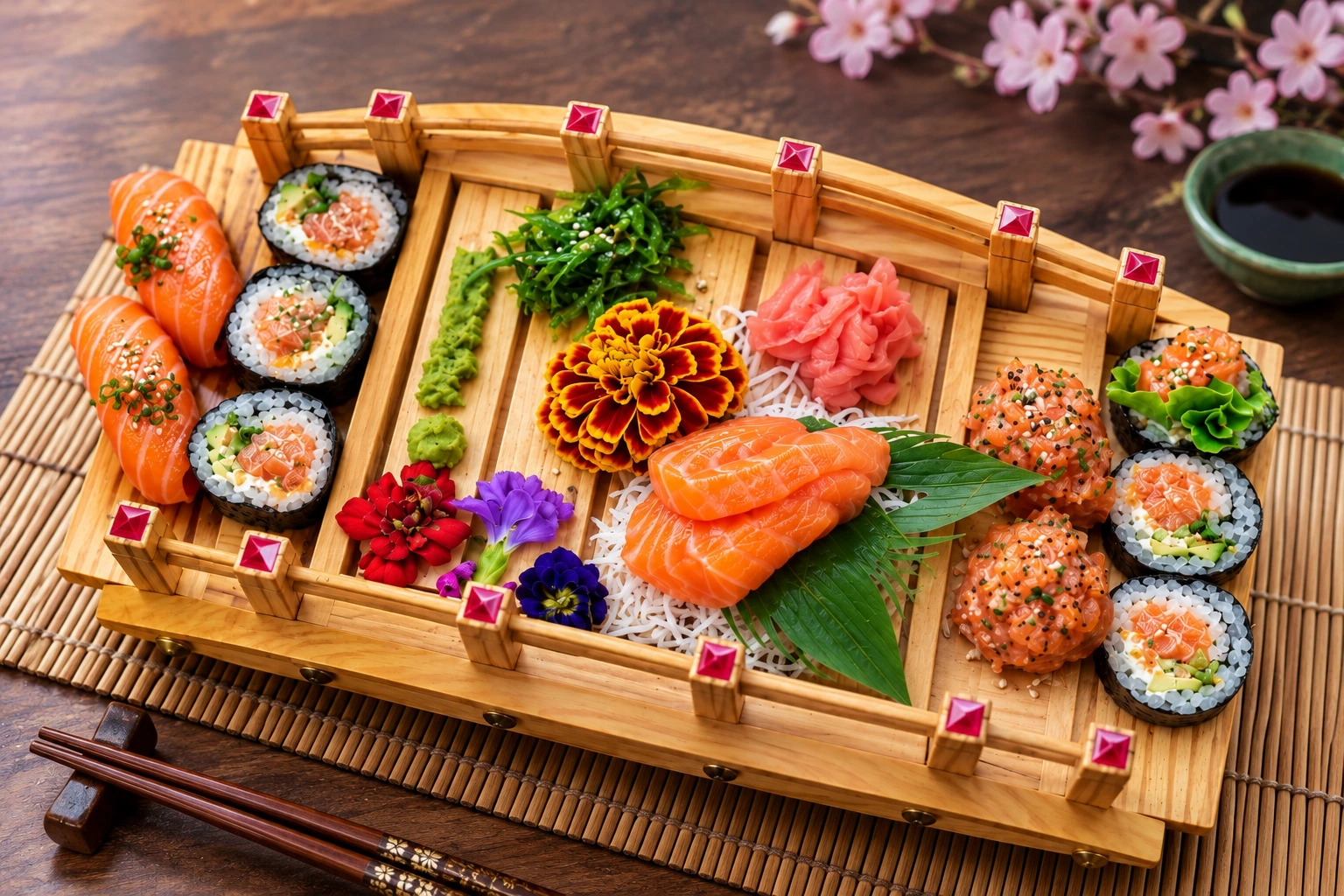 Sushi boat platter on a bamboo mat