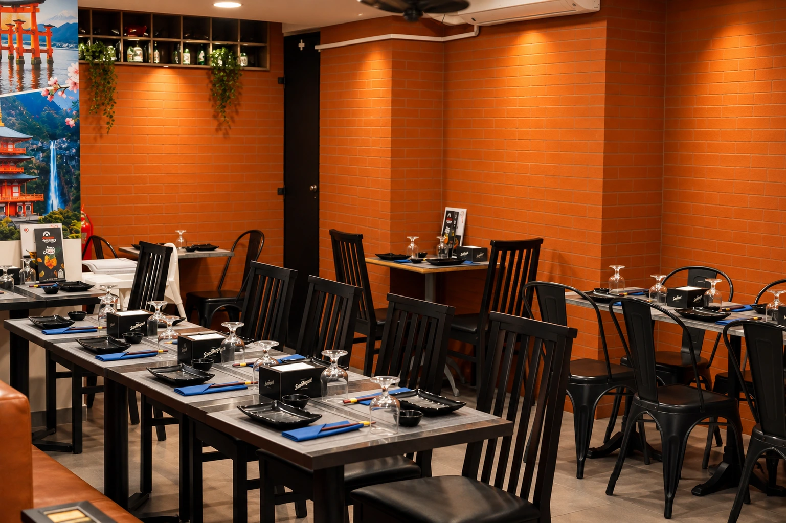 Tables set for service in the dining room