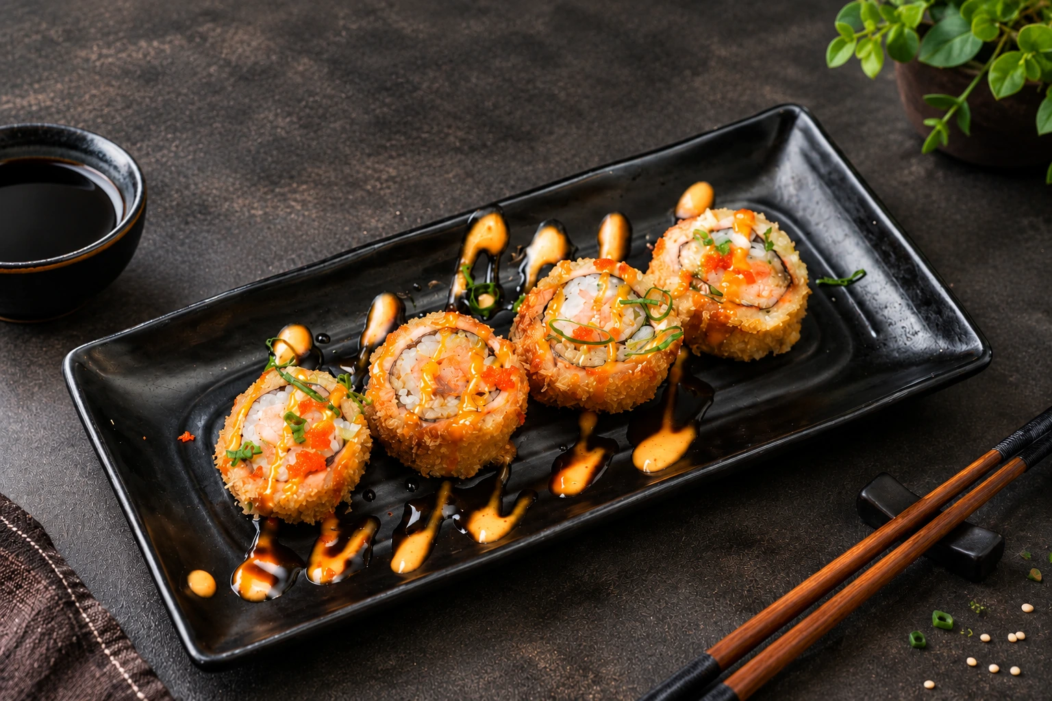 Crispy sushi on a black plate
